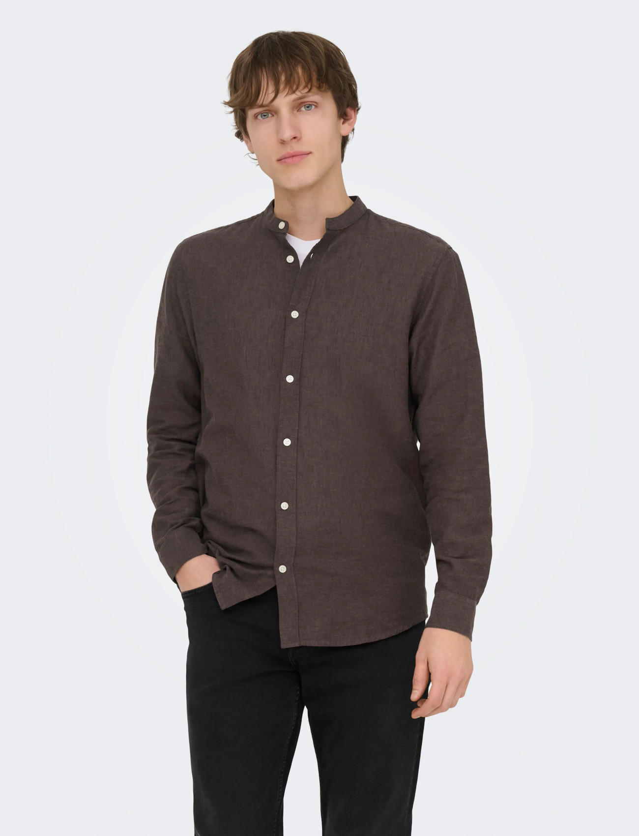 ONLY & SONS Onscaiden Life Ls Linen Blend Mao Noos, XL, Brown, Skjorter > Afslappet, Herre