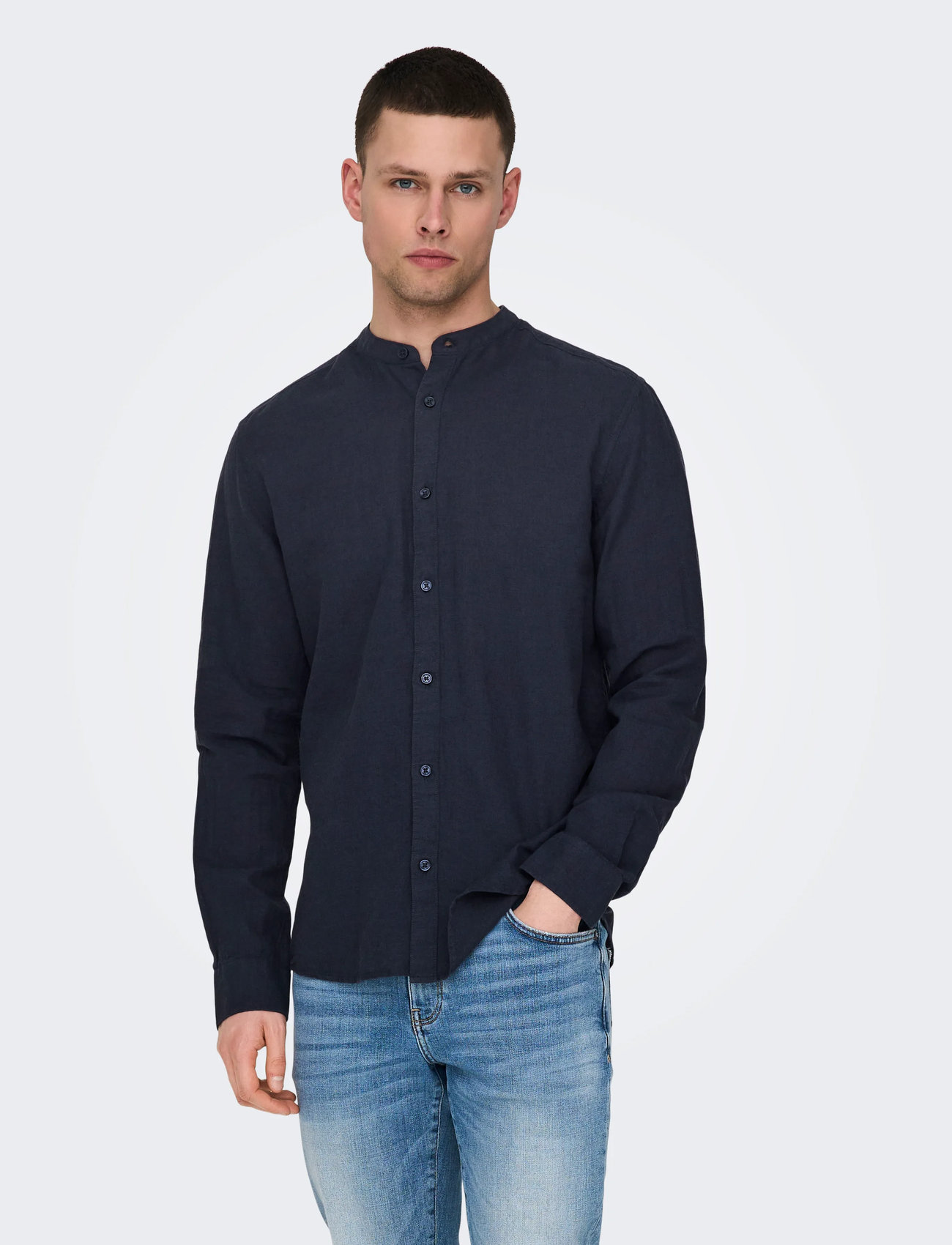 ONLY & SONS Onscaiden Life Ls Linen Blend Mao Noos, XL, Navy, Skjorter > Afslappet, Herre