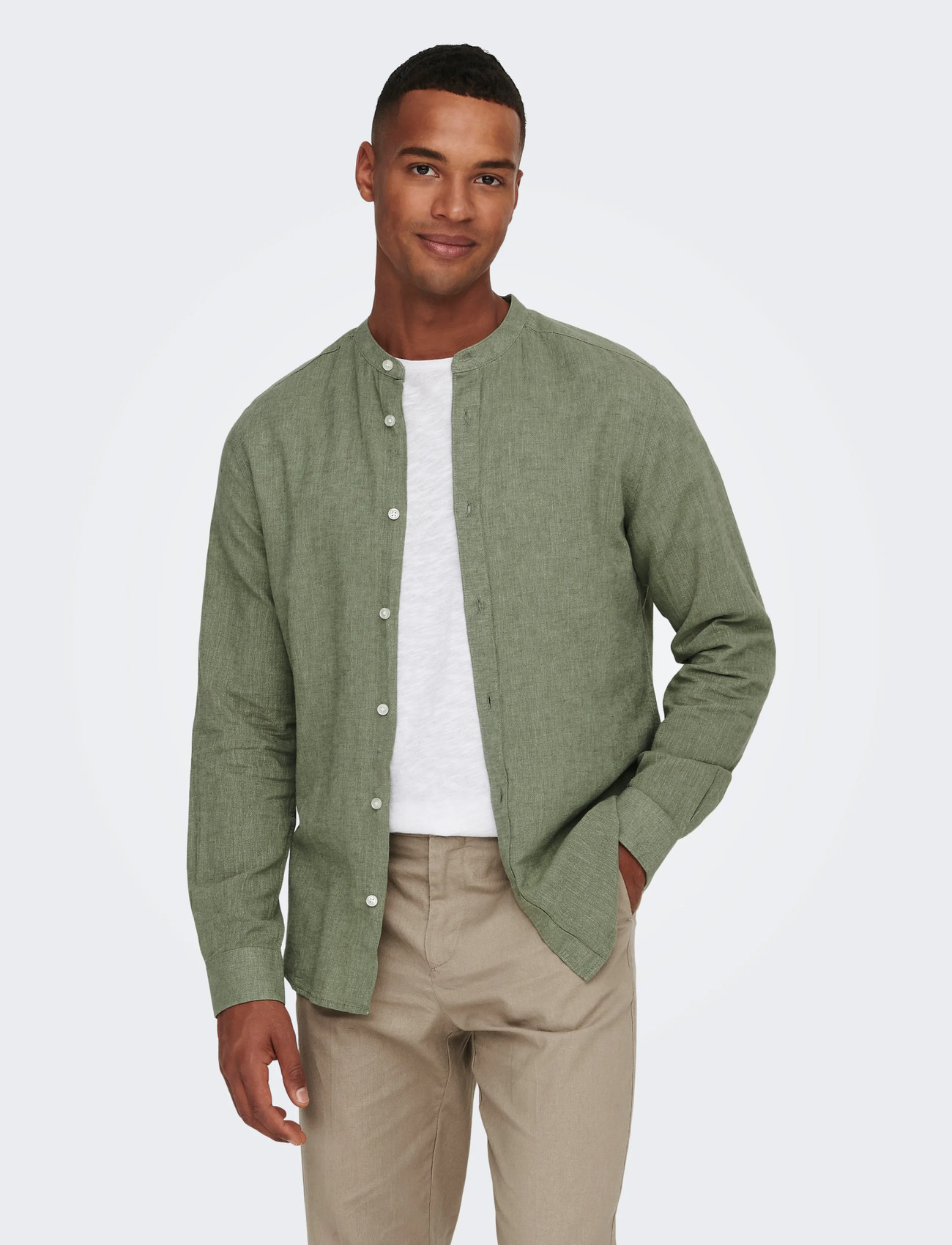 ONLY & SONS Onscaiden Life Ls Linen Blend Mao Noos, XS, Green, Skjorter > Afslappet, Herre