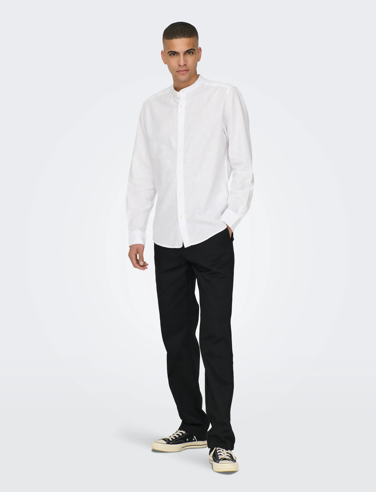 ONLY & SONS Onscaiden Life Ls Linen Blend Mao Noos, L, White, Skjorter > Afslappet, Herre