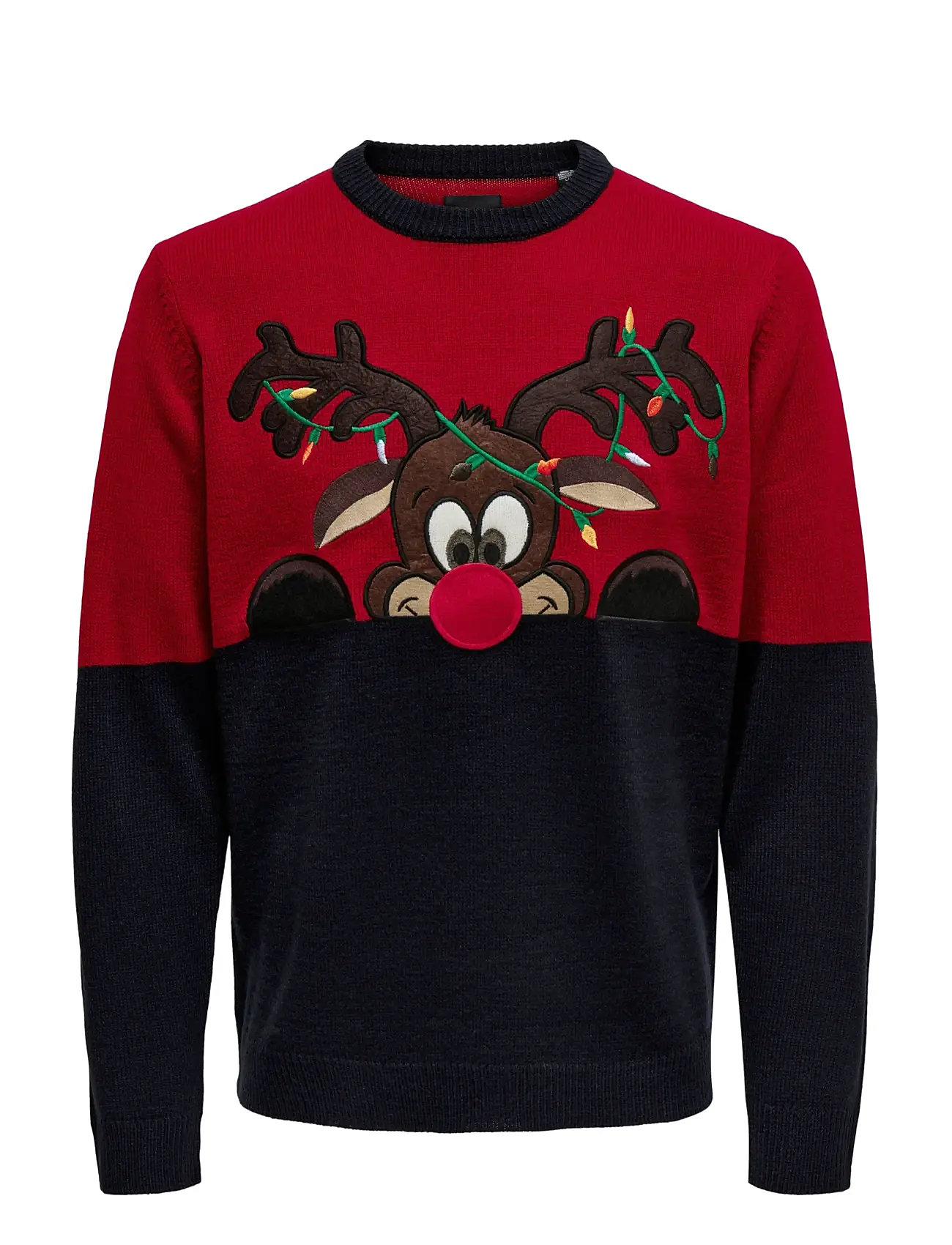 ONLY & SONS Onsxmas Reg Block Crew Knit Rot - L - Herren