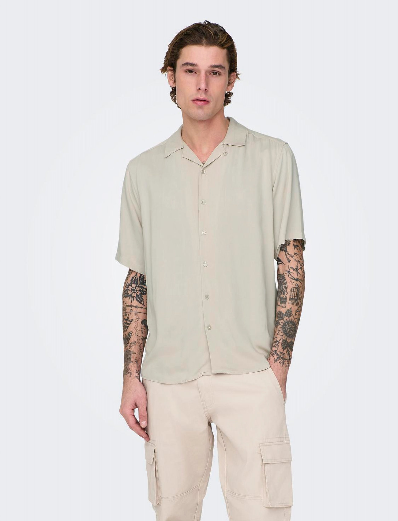 ONLY & SONS Onsdash Life Reg Res Ss 001 Shirt Noos, L, Beige, Skjorter > Kortærmede Shirts, Herre