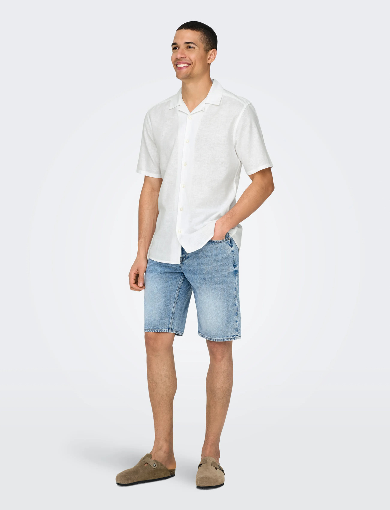 ONLY & SONS Onscaiden Ss Solid Resort Linen Noos, L, White, Skjorter > Kortærmede, Herre