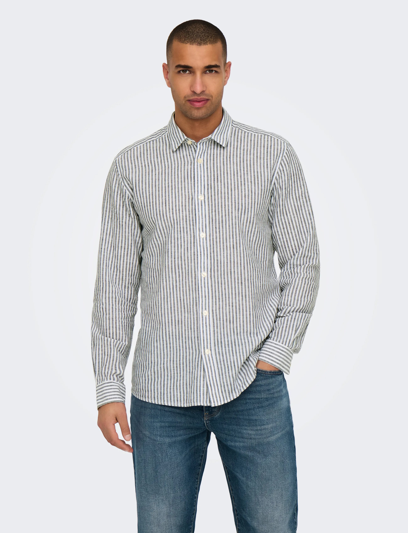 ONLY & SONS Onscaiden Life Ls Stripe Linen Noos, XXL, Navy, Skjorter > Afslappet, Herre