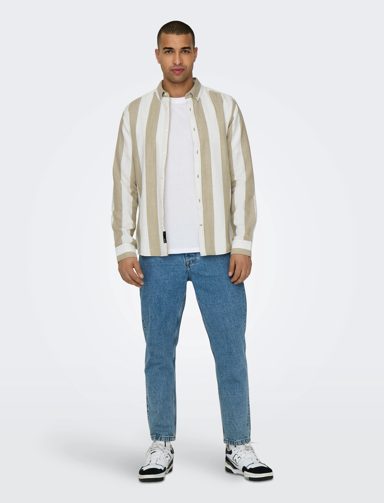 ONLY & SONS Onsarlo Slim Ls Stripe Hrb Linen Shirt, M, Beige, Skjorter > Afslappet, Herre