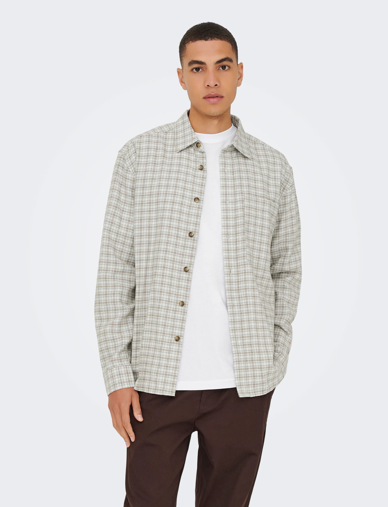 ONLY & SONS Onsgudmund Loose Ls Checked Shirt, M, Beige, Shirts > Checkered Shirt, Herre