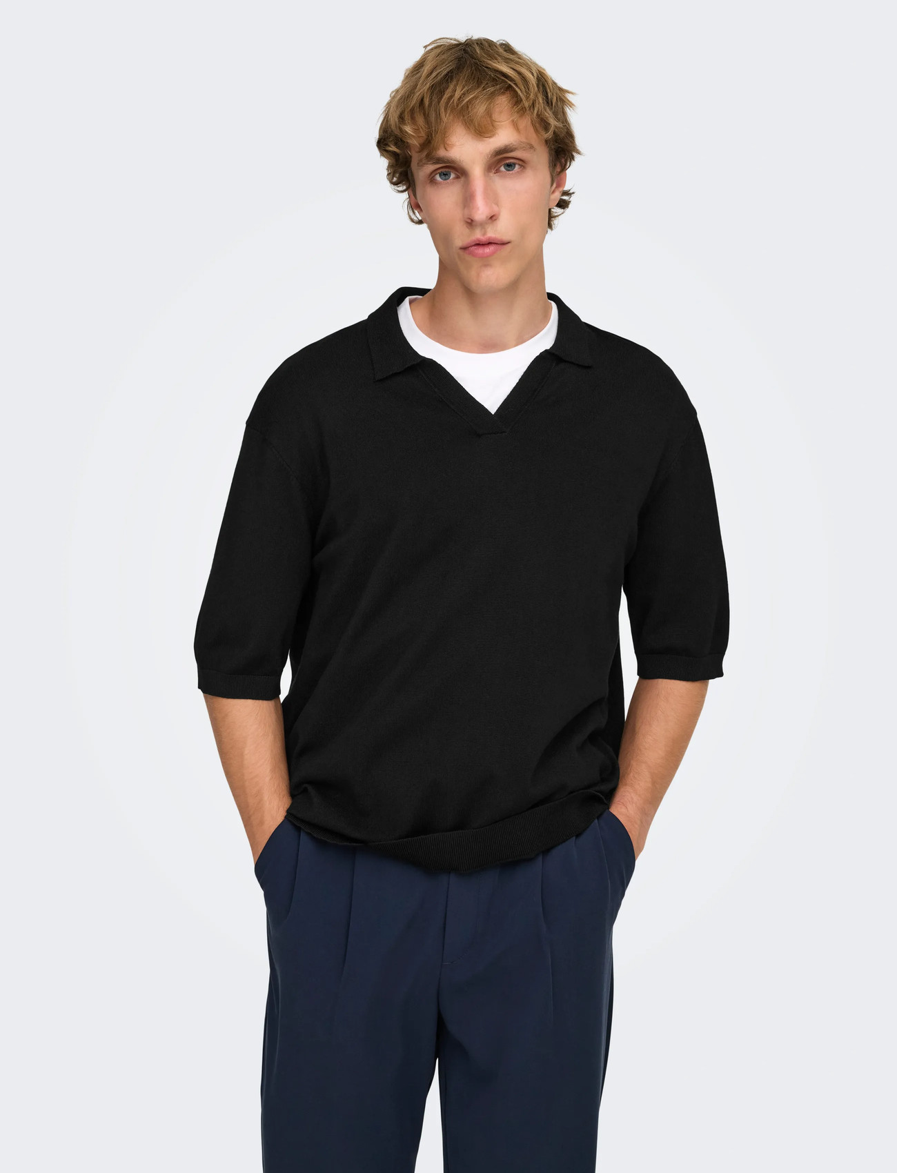 ONLY & SONS Onswyler Life Rlx 12 Ss Split Knit Noos, XXL, Black, Strik > Kortærmede Strikkede Poloer, Herre