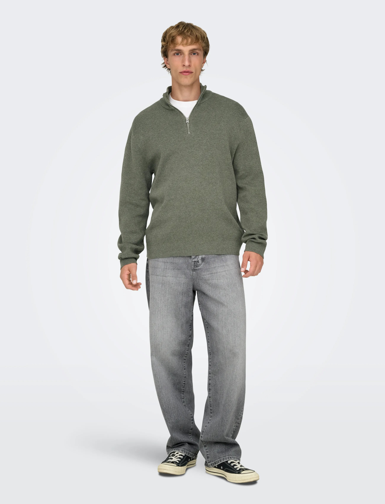 ONLY & SONS Onsting Life Reg Half Zip Knit Noos, S, Khaki green, Strik > Trøjer Med Halv Lynlås, Herre
