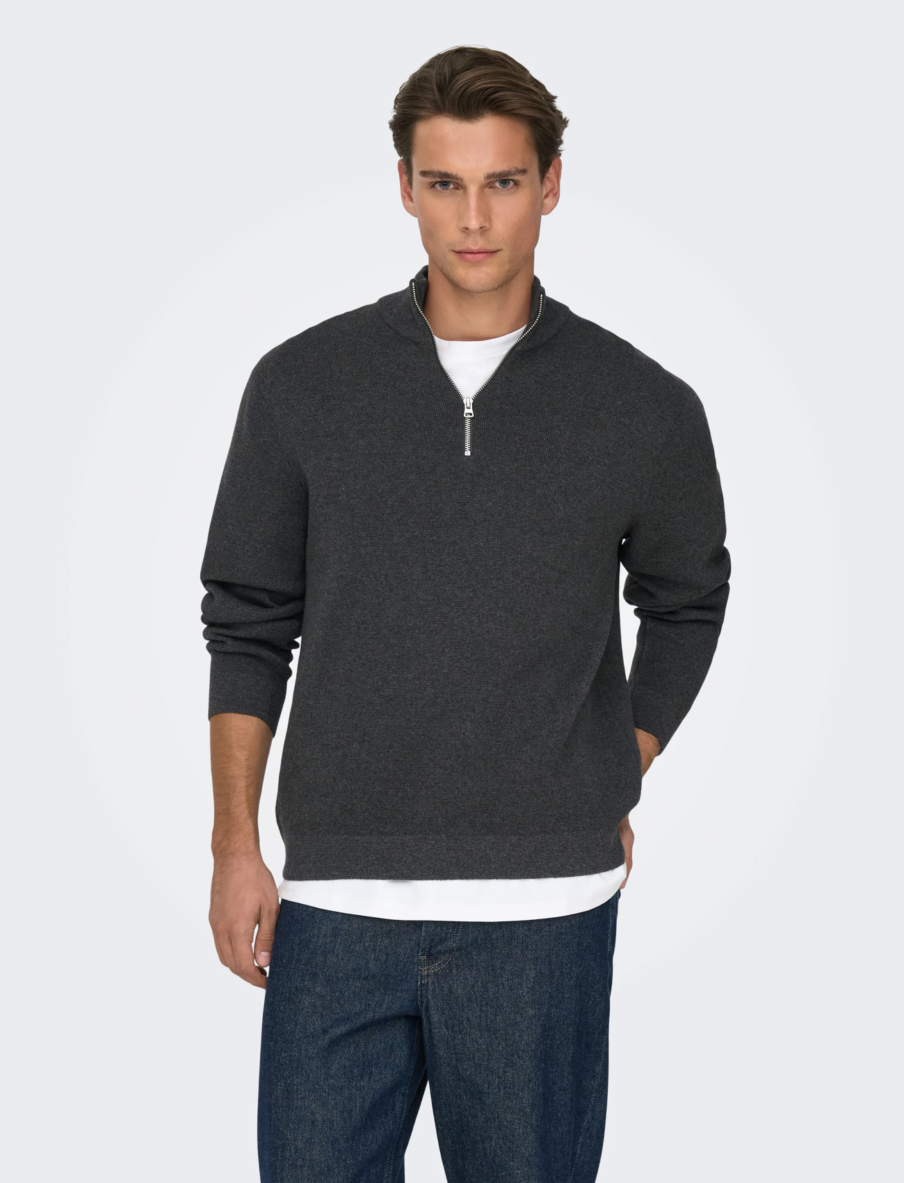ONLY & SONS Onsting Life Reg Half Zip Knit Noos, M, Grey, Strik > Trøjer Med Halv Lynlås, Herre
