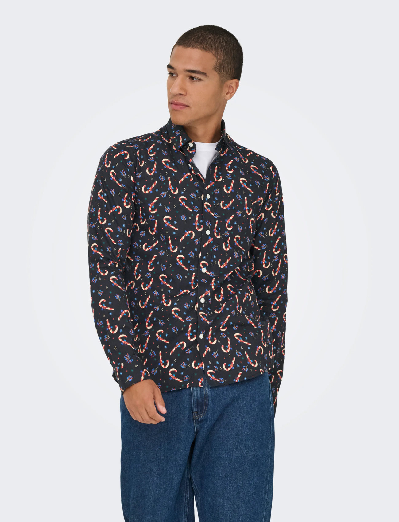 ONLY & SONS Onself Xmas Aop Slim Poplin Ls Shirt, XL, Black, Shirts - Casual Shirts, Herre