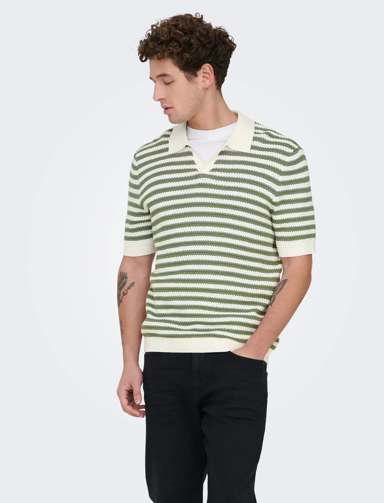 ONLY & SONS Onsserge Reg Ss Split Neck Knit, S, Cream, Strik > Kortærmede Strikkede Poloer, Herre