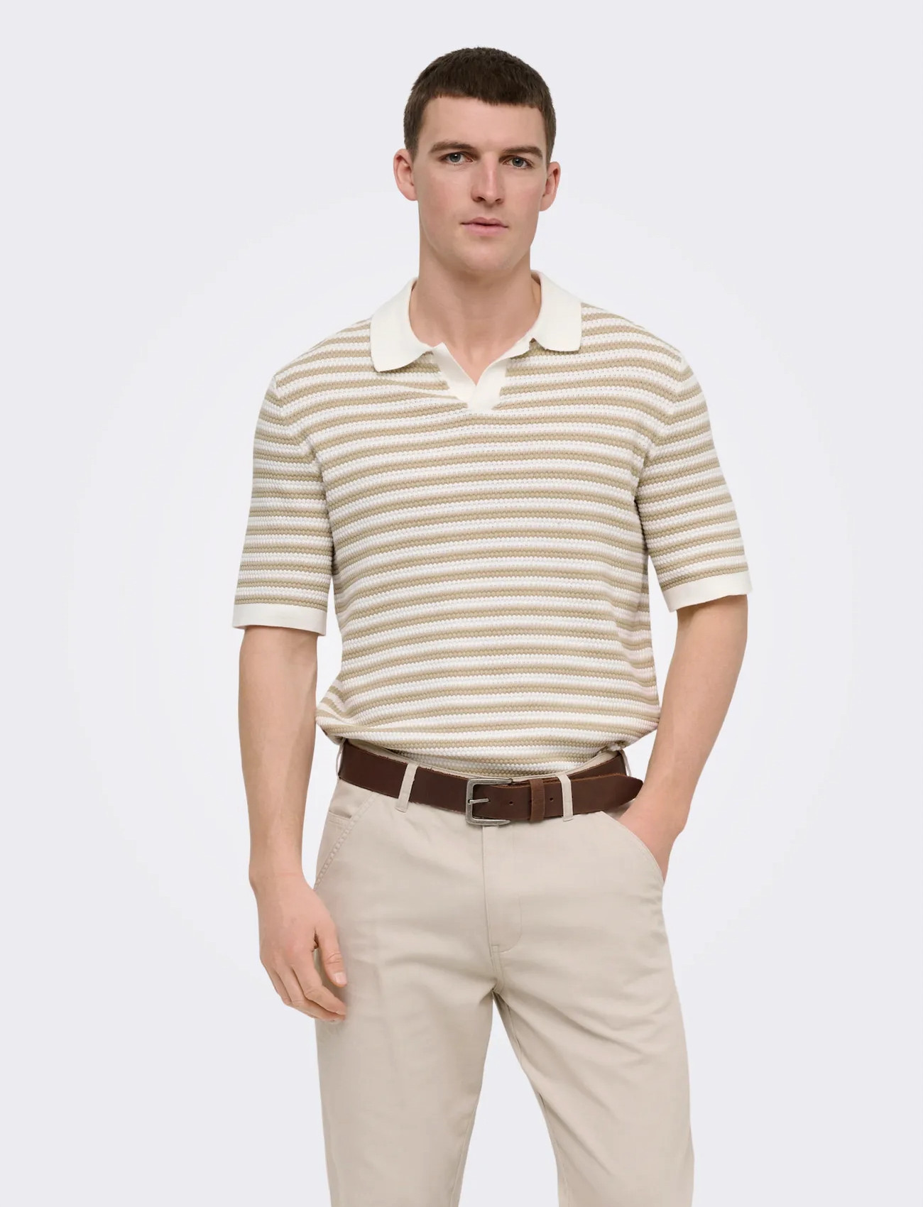 ONLY & SONS Onsserge Reg Ss Split Neck Knit, XL, Cream, Strik > Kortærmede Strikkede Poloer, Herre