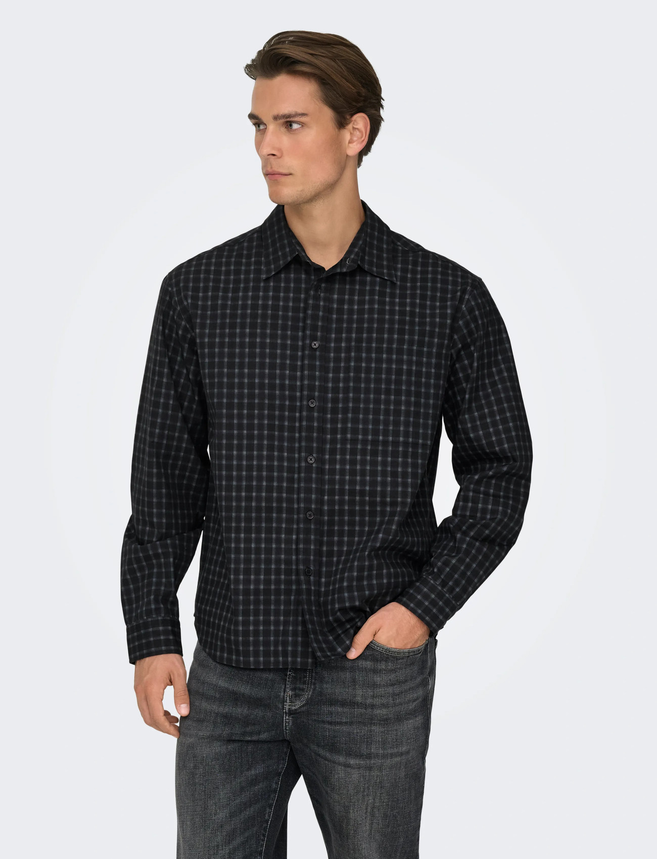 ONLY & SONS Onsbali Poplin Checked Rlx Fit L/S Shirt, S, Black, Shirts > Checkered Shirt, Herre