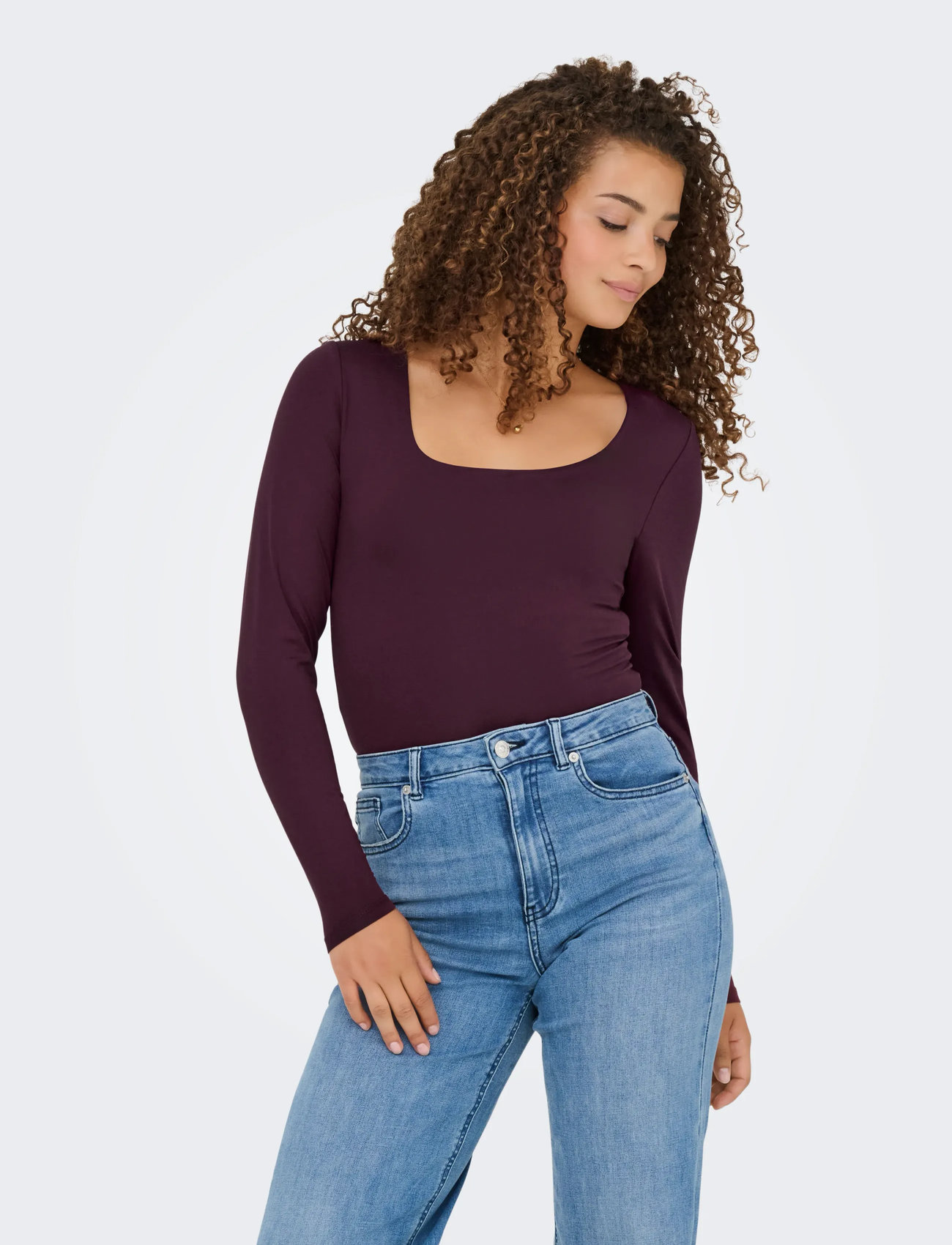ONLY Onlea L/S 2-Way Deep Neck Top Jrs Noos, XS, Burgundy, T-Shirts & Toppe > Langærmede, Dame