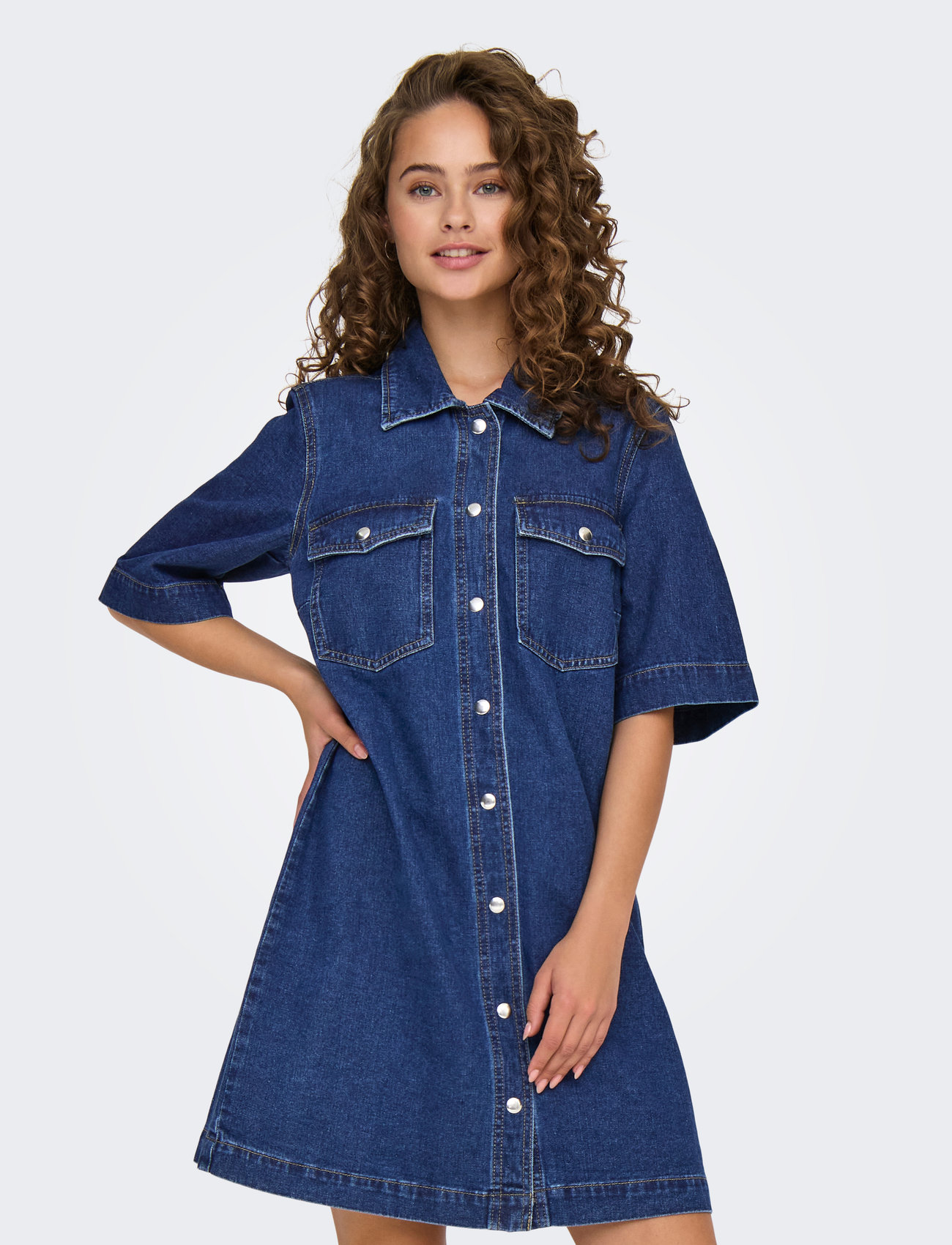 ONLY Onlbelle S/S Button Dress Dnm Gua Noos, S, Blue, Kjoler > Skjortekjoler, Dame