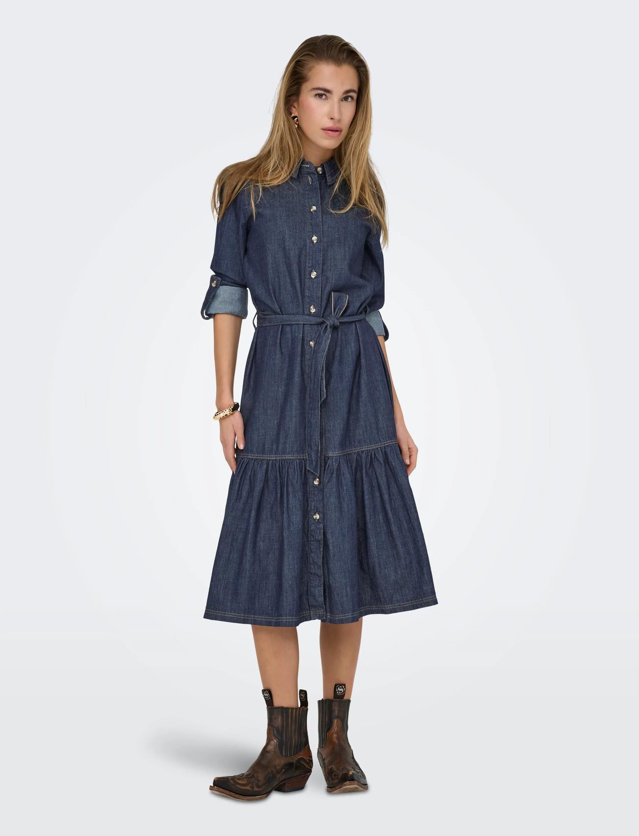 ONLY Onlsevigny Frill 3/4 Sl Long Dress Dnm, L, Blue, Kjoler > Skjortekjoler, Dame