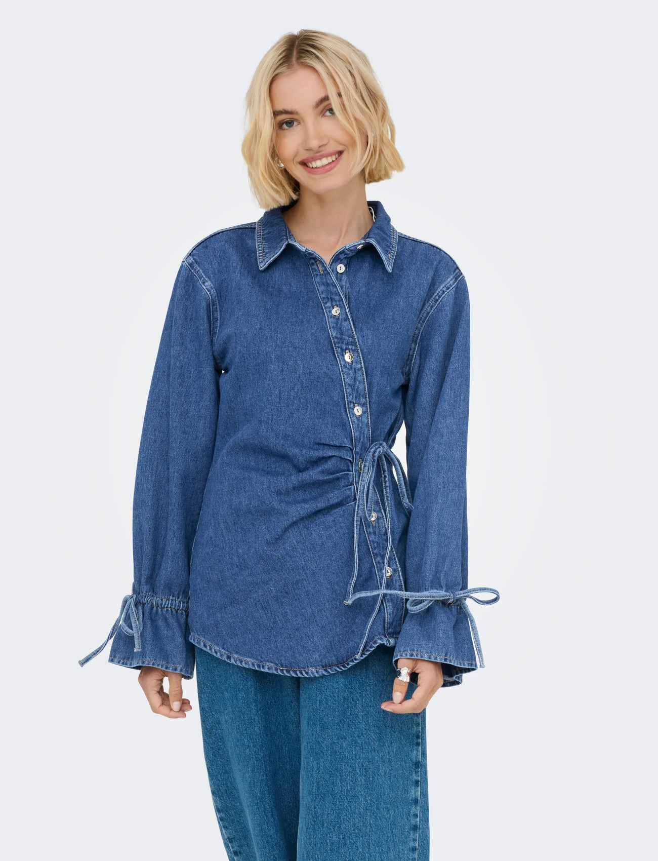 ONLY Onlsmilla Ls Asym Tie Shirt Dnm Cs Sik, XL, Blue, Shirts - Long-sleeved, Dame