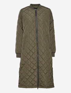 green quilted long jacket