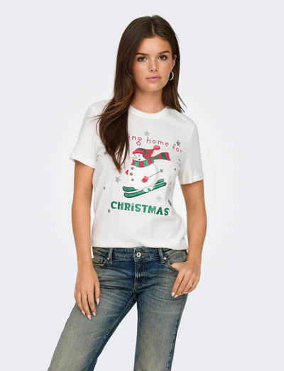 T-shirt Donna ONLY Onlxmas Life Yrsa: Manica Corta, Girocollo, Cotone Sostenibile, Stampa Natalizia