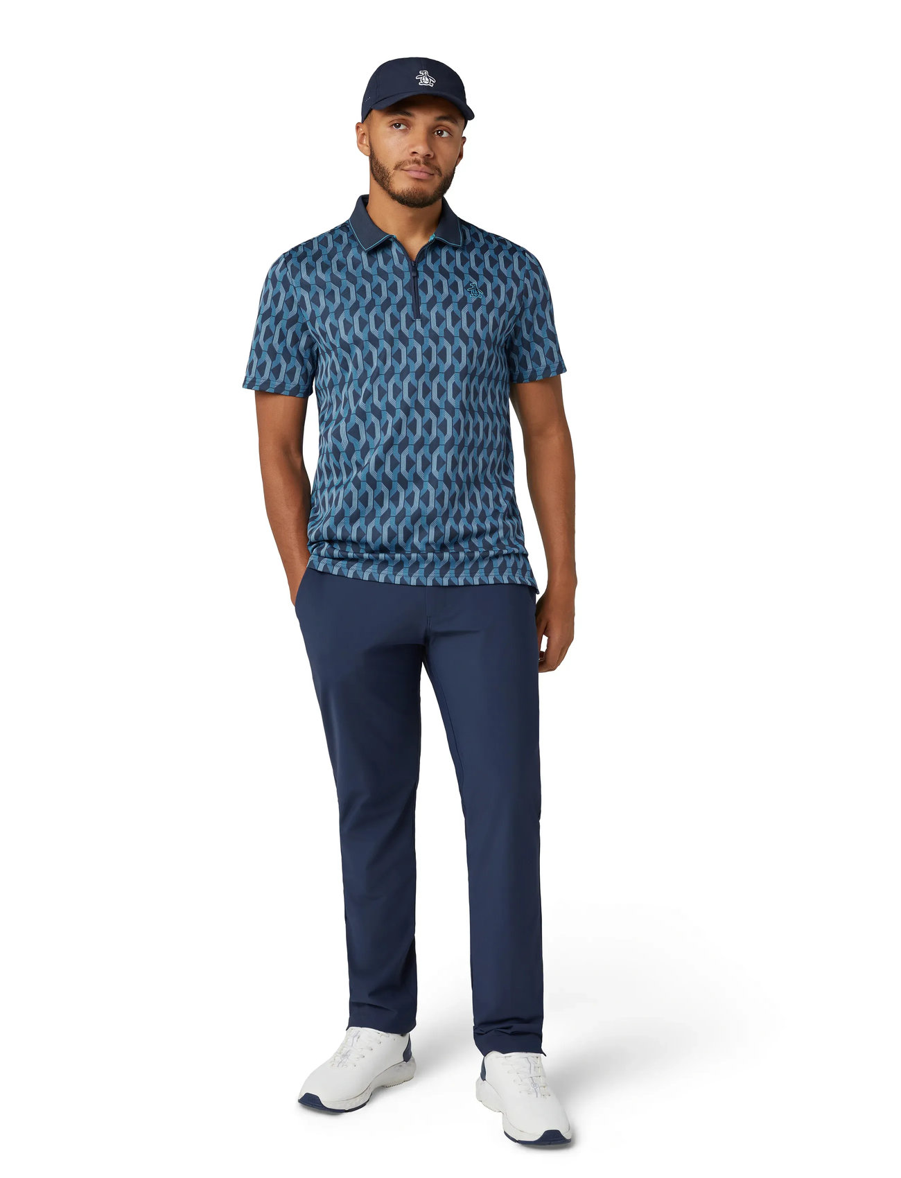 Original Penguin Golf All Over Jacquard Colour Block Polo, M, Blue, Sport Polos > Sport Short-sleeved Polos, Herre
