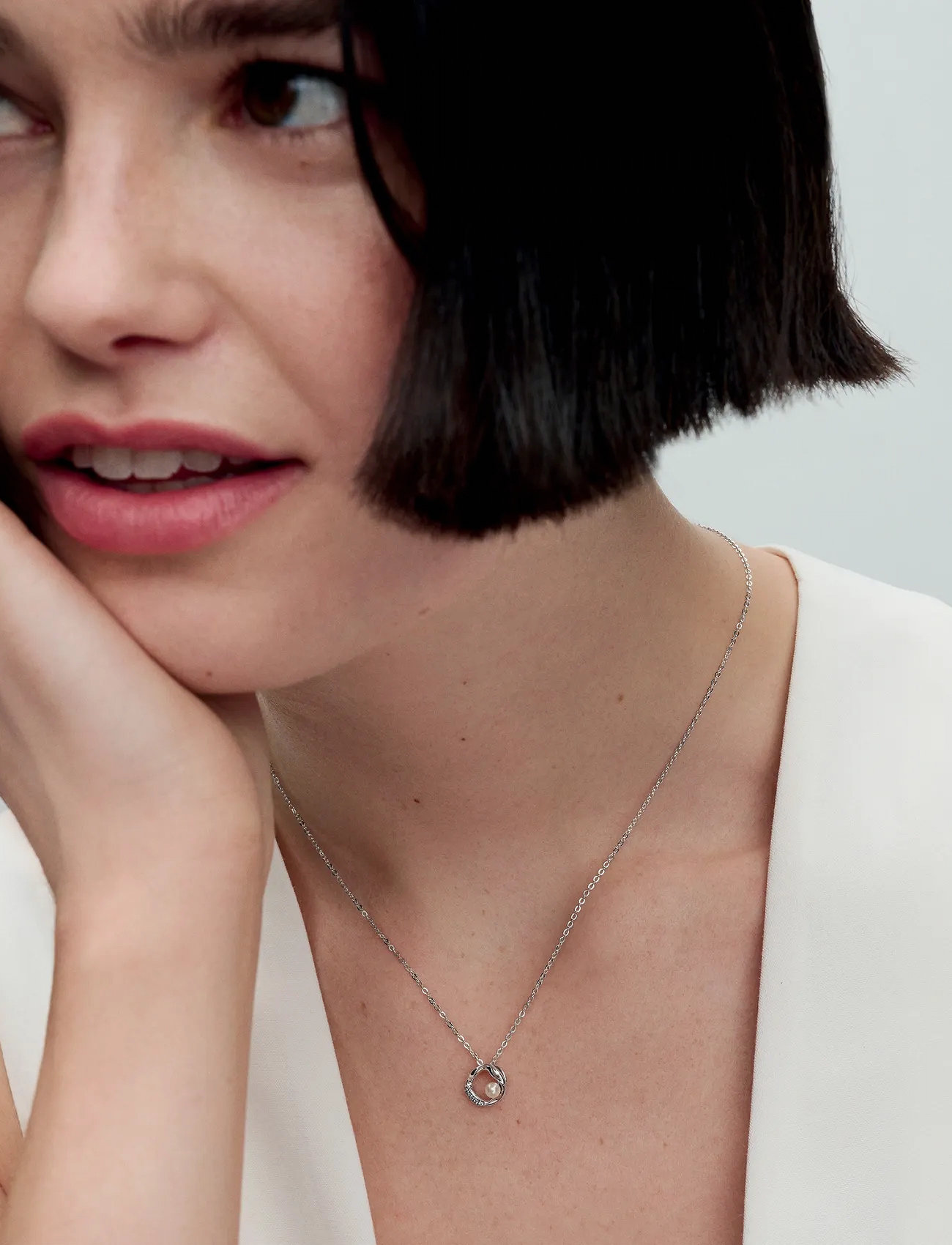 Pandora Sterling Silver Collier With White Treated Freshwater Cultured Pearl And Clear Cubic Zirconia, 45 cm, Silver, Halskæder > Kædehalskæder, Dame
