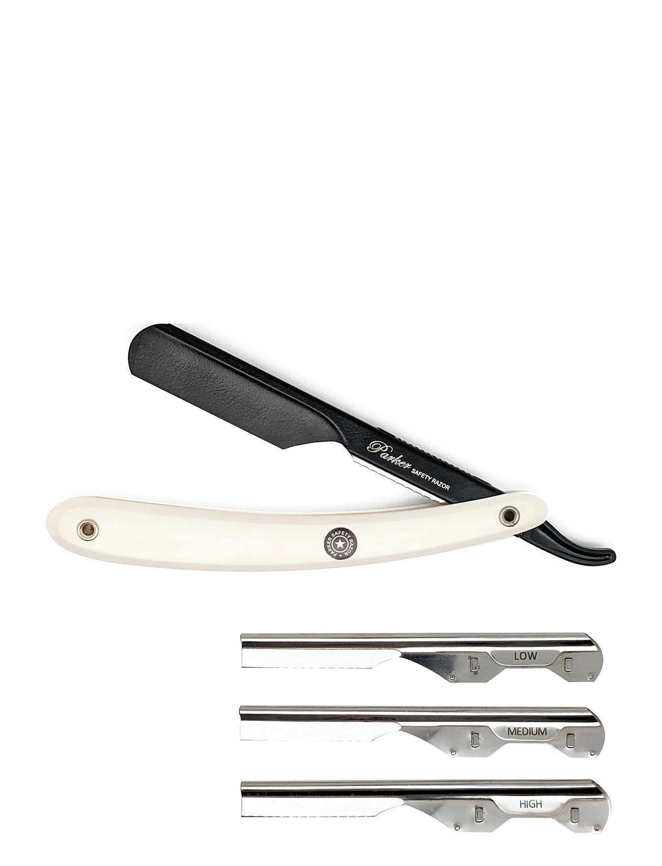 Parker Ptawk - Adjustable Push With 3 Blade Option White Handle Barber/Straight Razor Silver