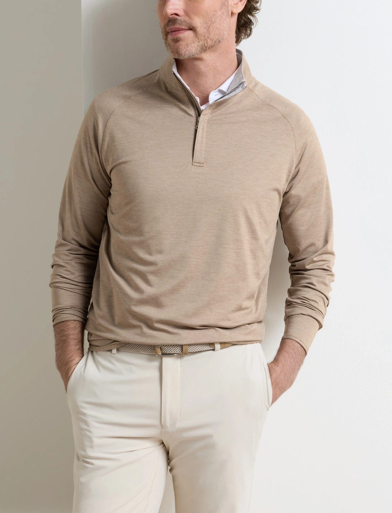 Peter Millar Stealth Performance Quarter-Zip, XL, Beige, Sport Fleeces & Midlayers > Sport Midlayers, Herre