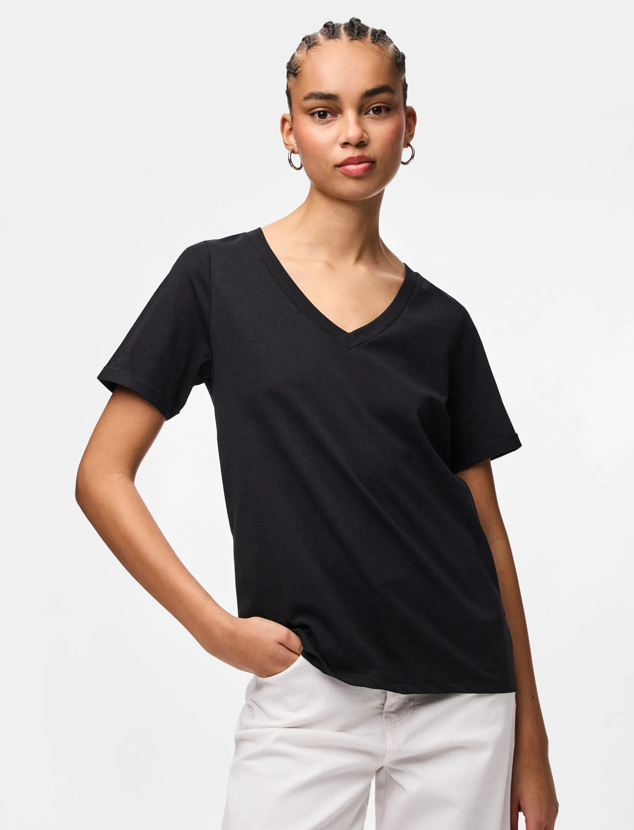 Pieces Pcria Ss V-Neck Solid Tee Jrs Noos Bc, XS, Black, T-Shirts & Toppe > Kortærmede, Dame