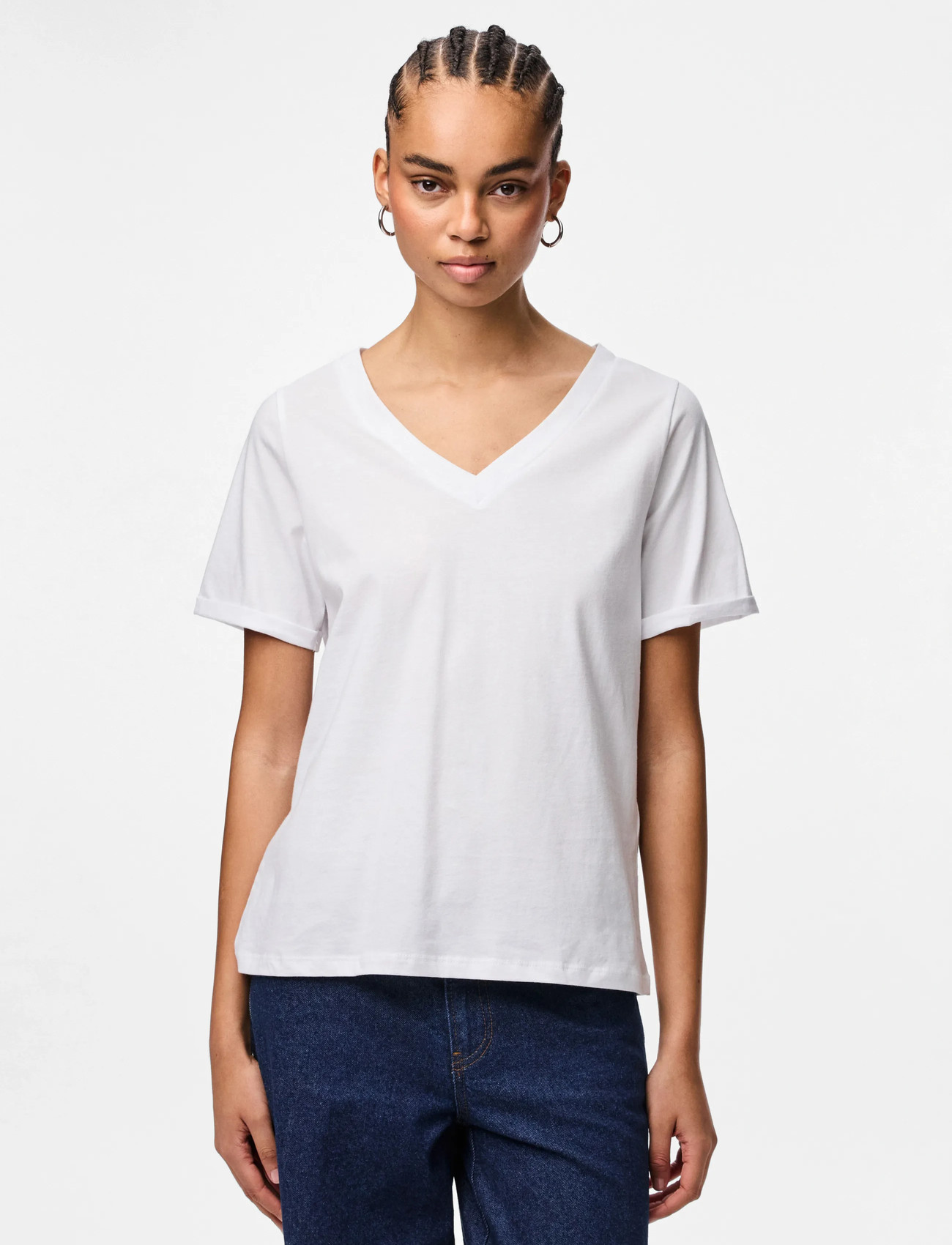 Pieces Pcria Ss V-Neck Solid Tee Jrs Noos Bc, XS, White, T-Shirts & Toppe > Kortærmede, Dame