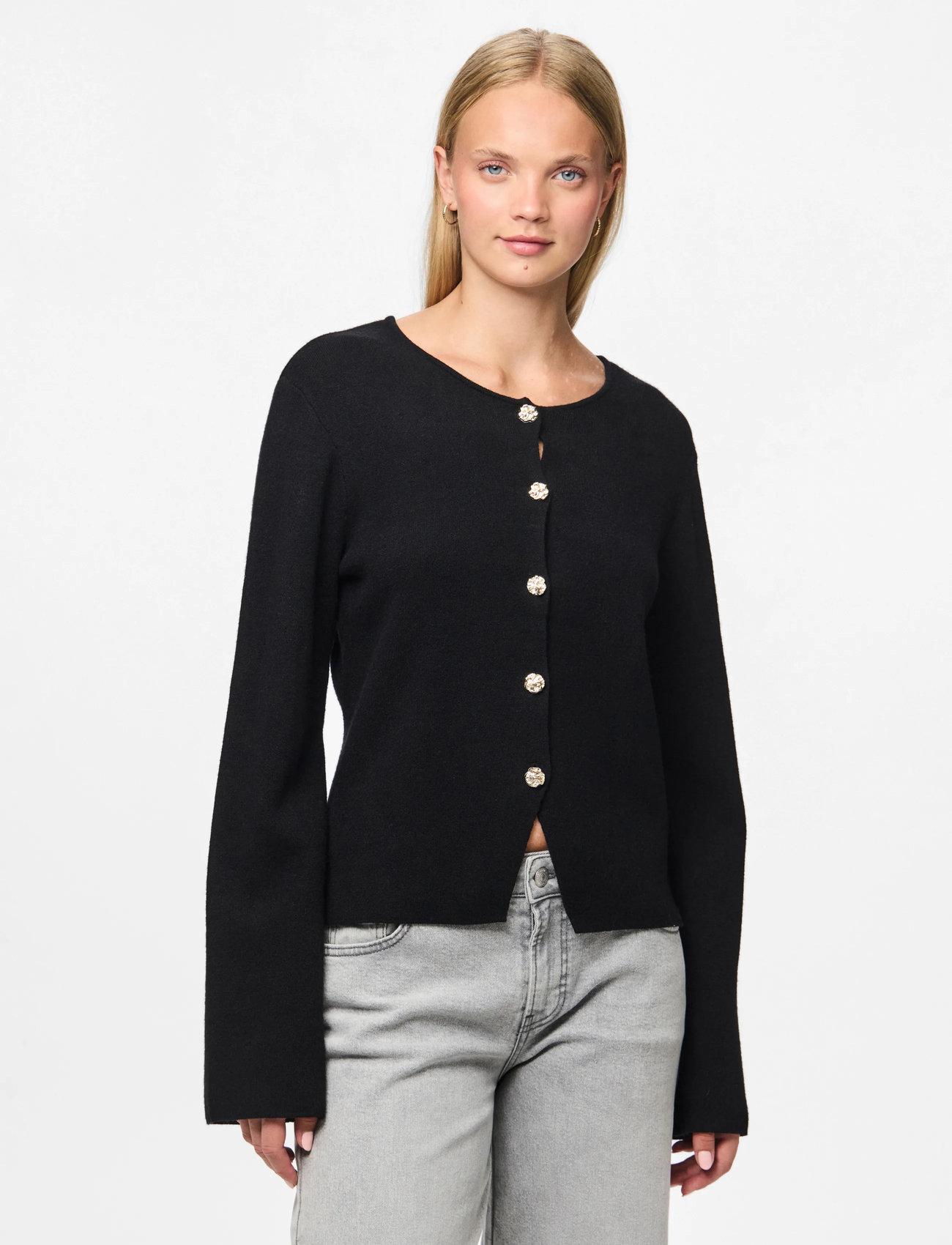Pieces Pcfarie Ls O-Neck Split Knit D2D Fsy, XS, Black, Strik > Cardigans, Dame