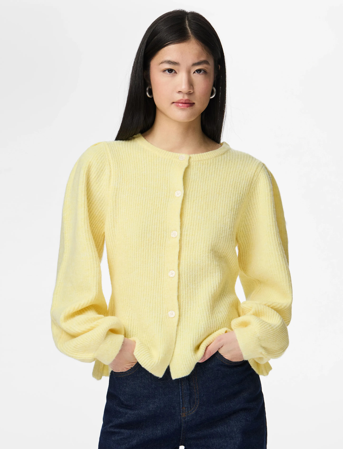 Pieces Pcsilly Ls Puff Knit Cardigan Noos Bc, S, Yellow, Strik > Cardigans, Dame
