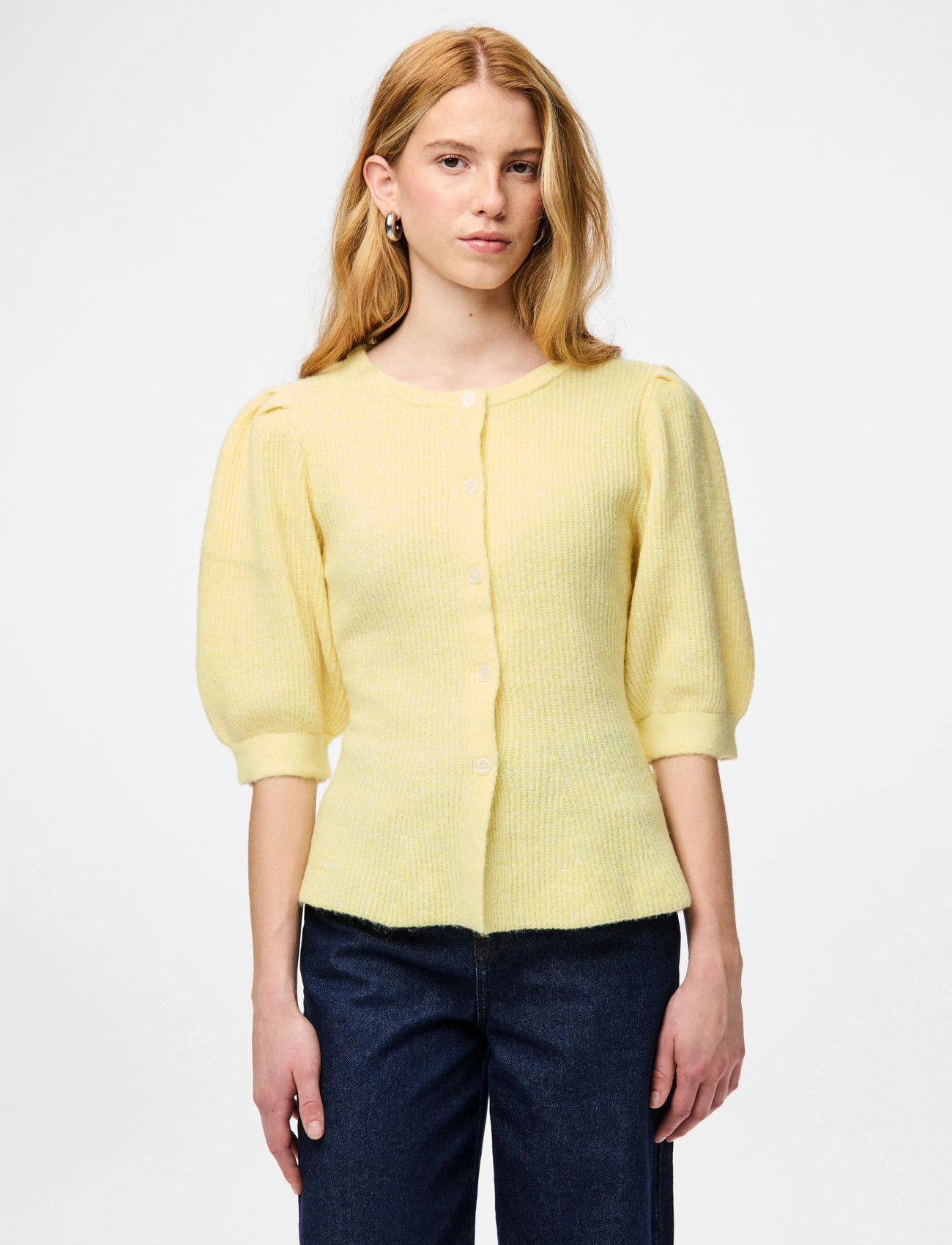 Pieces Pcsilly Ss Puff Knit Cardigan Noos Bc, XS, Yellow, Strik > Cardigans, Dame