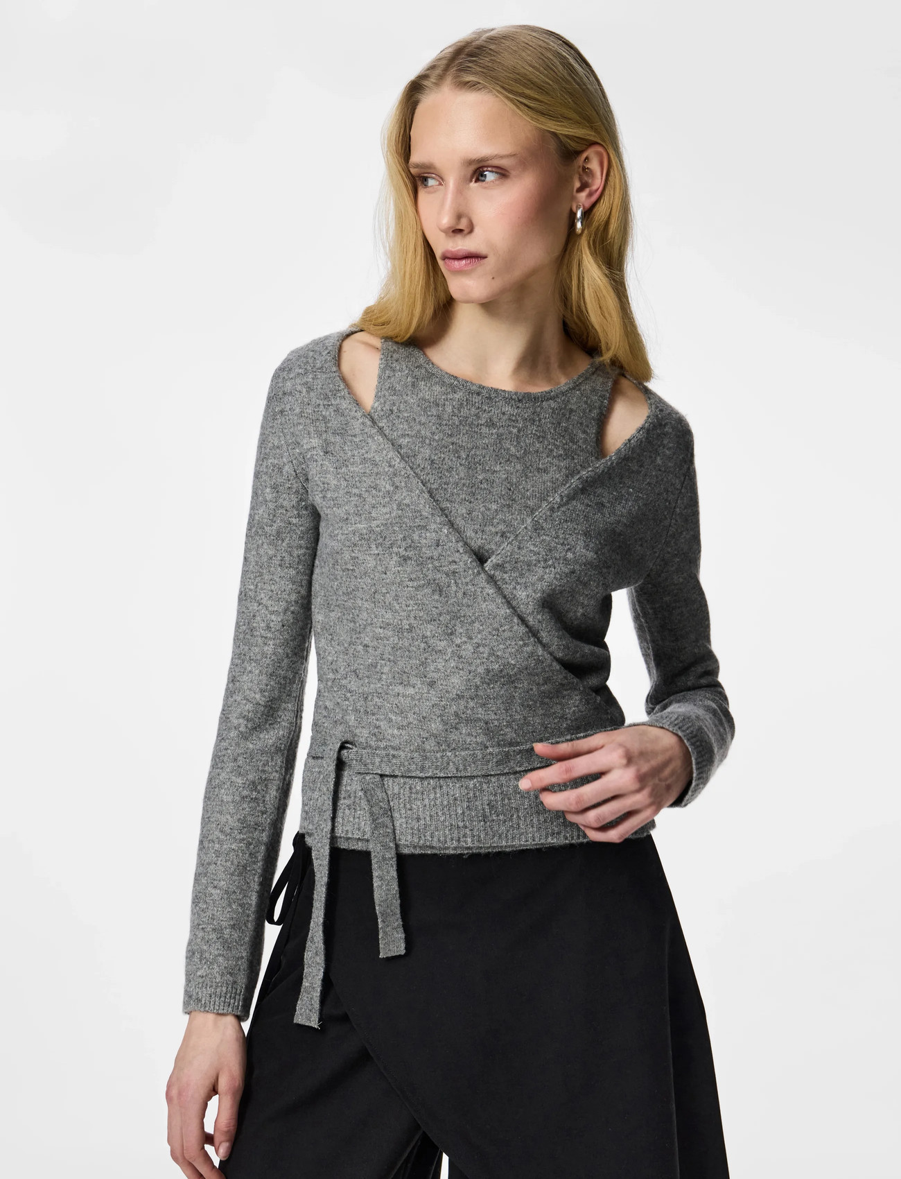 Pieces Pcmaji Ls O-Neck Wrap Knit D2D, M, Grey, Strik > Trøjer, Dame
