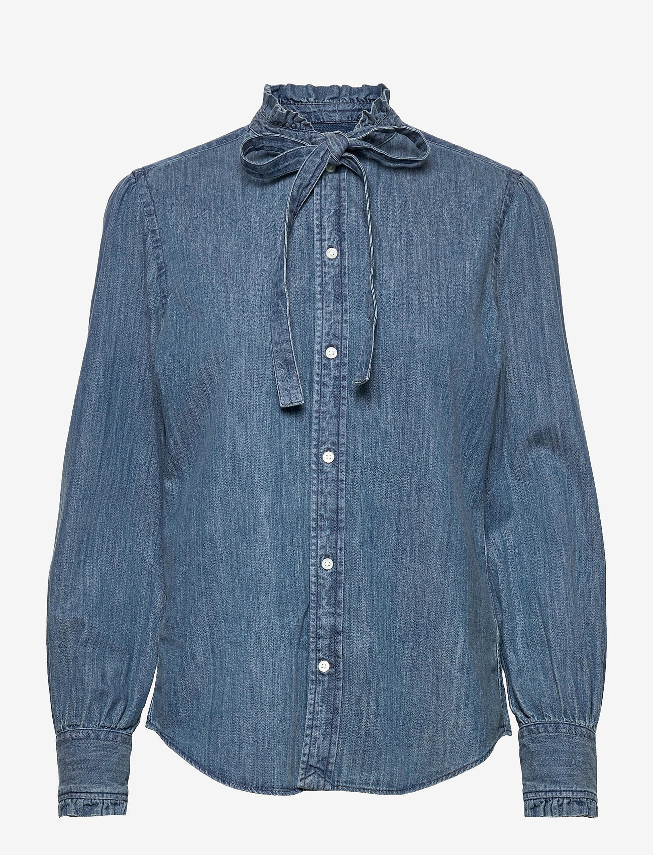 ralph lauren denim tie neck blouse