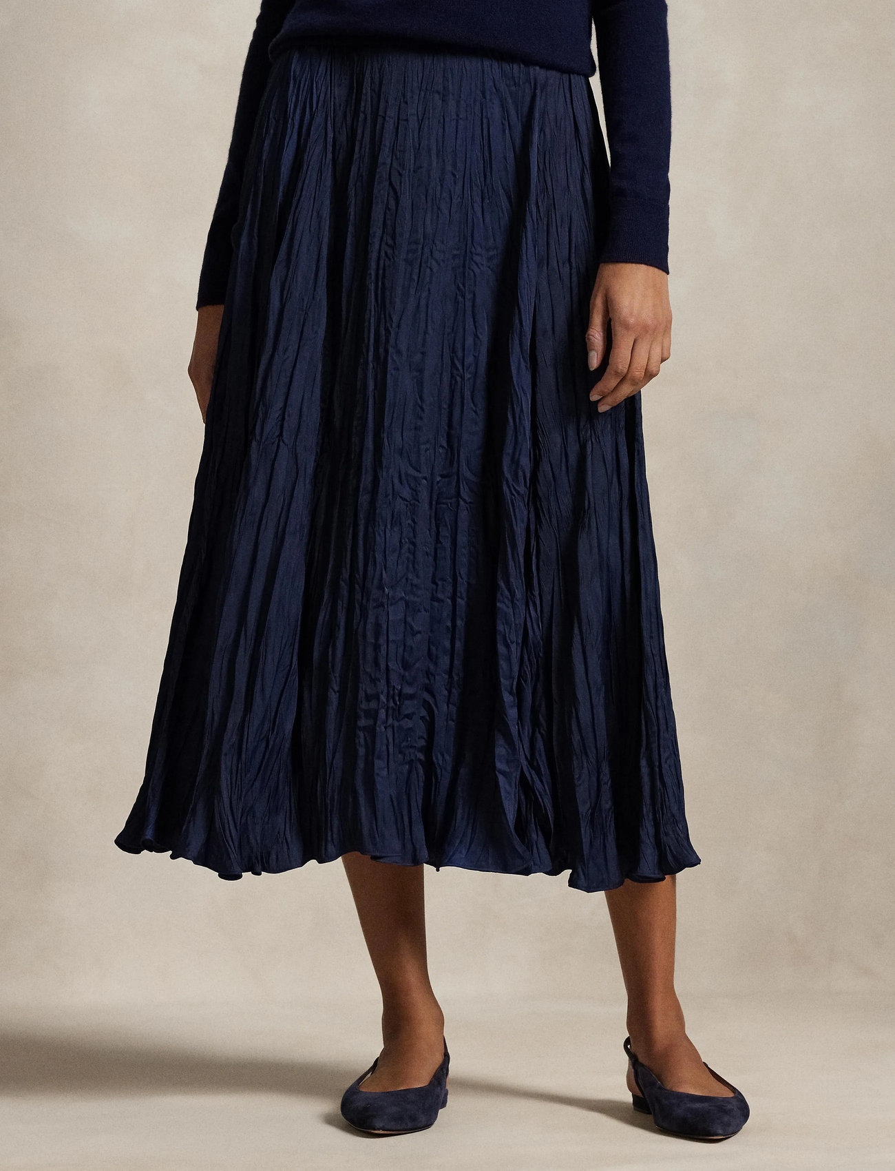 Polo Ralph Lauren Crinkled Satin A-Line Skirt, M, Blue, Nederdele > Knælange Og Midi Nederdele, Dame