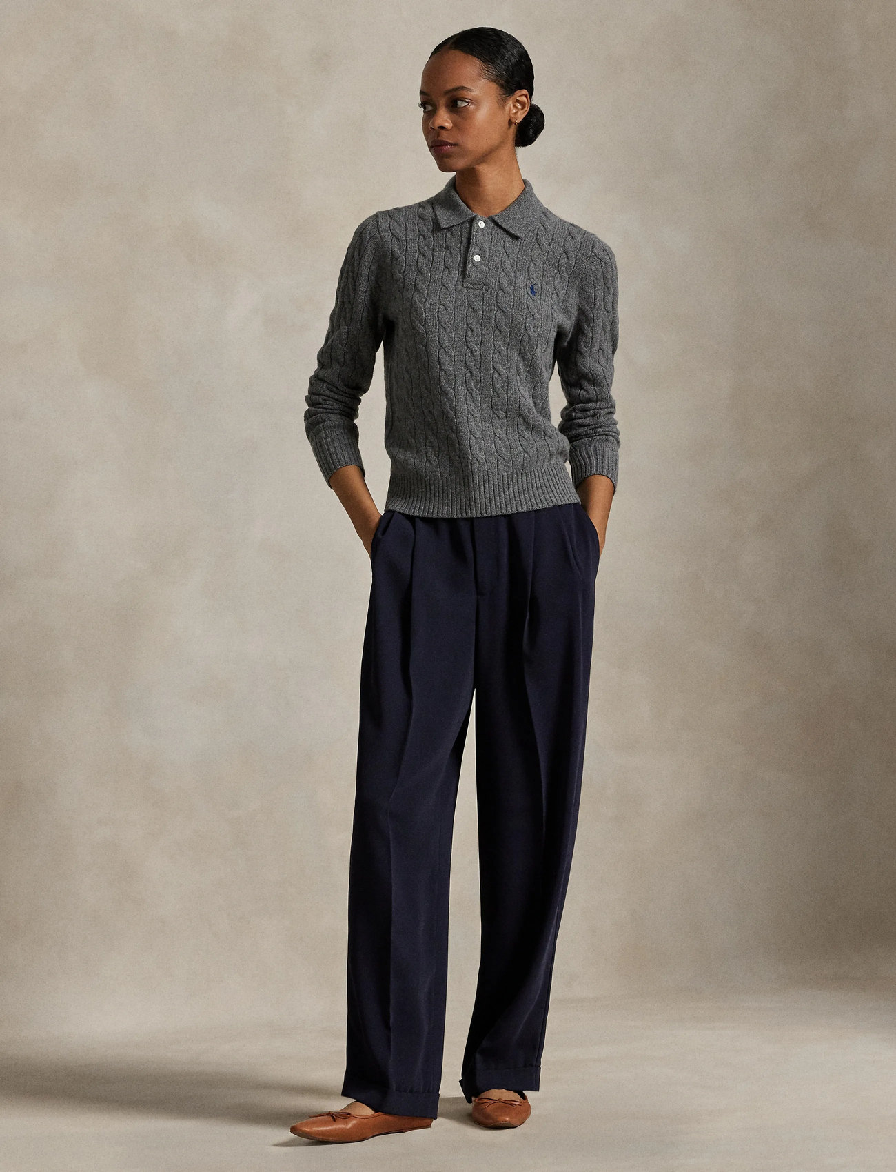 Polo Ralph Lauren Cable-Knit Wool-Cashmere Polo Sweater, XS, Grey, Strik > Trøjer, Dame