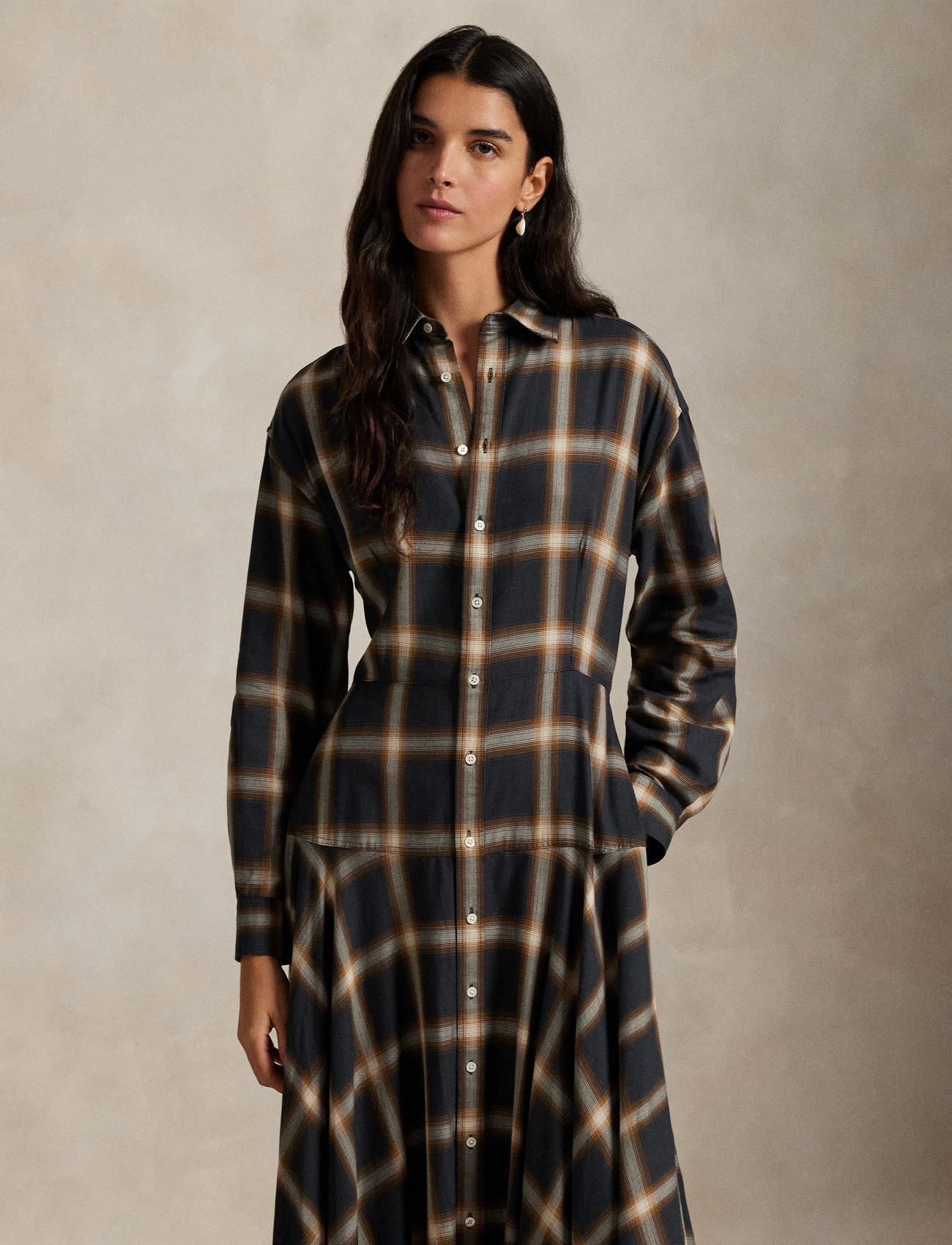 Polo Ralph Lauren Plaid Twill Paneled Shirtdress, 38, Brown, Designere > Knælange Og Midi, Dame
