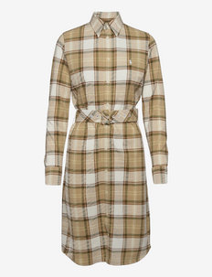 Plaid Belted Cotton Shirtdress - everyday dresses - tan multi