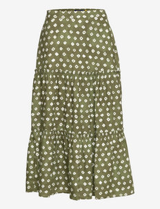 Printed Tiered Linen Midi Skirt - maxi skirts - 1164 olive/ white