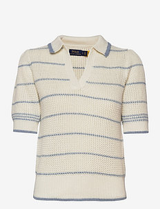 Striped Cotton-Linen Polo Sweater - swetry - chic cream/blue n