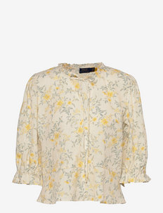 Floral Linen Peplum Blouse - long sleeved blouses - 1188 yellow vine