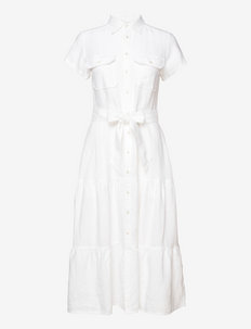 Linen Tiered Midi Shirtdress - shirt dresses - white