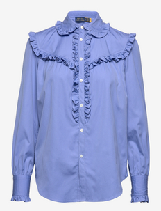 Ruffle-Trim Cotton Shirt - langermede skjorter - lake blue