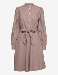 Checked Puff-Sleeve Cotton Shirtdress - robes chemises - 4925 wine/ white