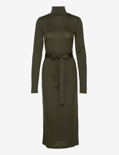 Belted Jersey Turtleneck Dress - stickade klänningar - estate olive