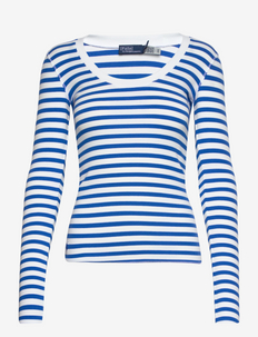 Striped Ribbed Scoopneck Tee - langärmlige tops - white/ spa royal