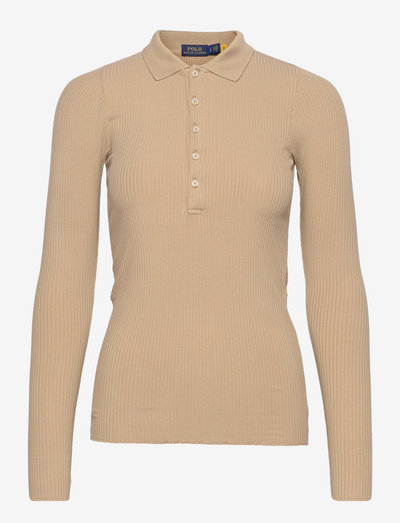 Ribbed Long-Sleeve Polo Shirt - neulepuserot - vintage khaki