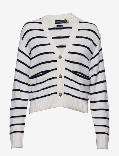 Striped Merino Wool V-Neck Cardigan - cardigans - cream/navy stripe