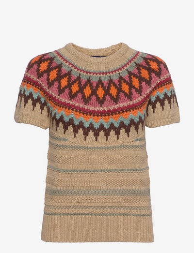 Jacquard Short-Sleeve Sweater - jumpers - tan multi