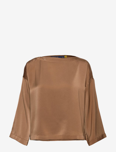 Satin Boatneck Top - long sleeved blouses - taupe